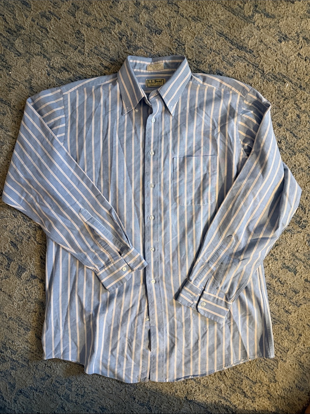 L.L. Bean Light Blue, White and Pink Vertical Stripe Button-Down Shirt